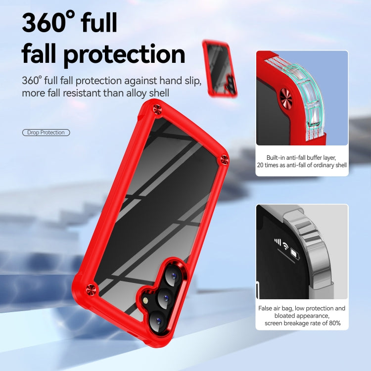 Red TPU + PC lens protection phone case for Samsung Galaxy S24 5G, showcasing its durable design and electroplated alloy frame.